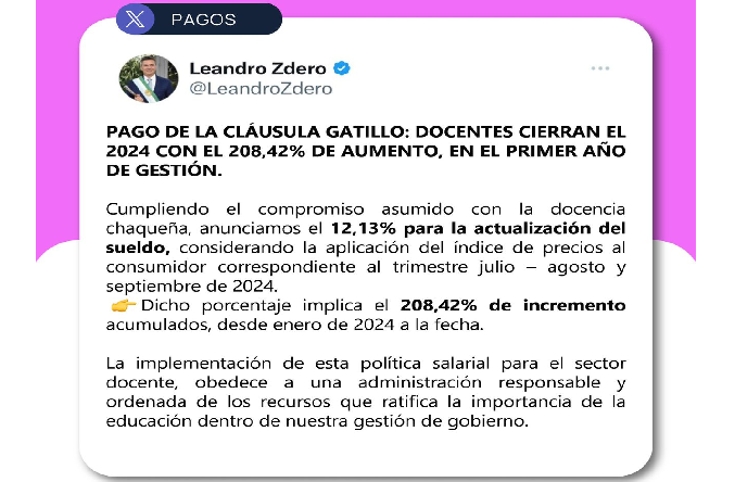 PAGO DE LA CLÁUSULA GATILLO: DOCENTES CIERRAN EL 2024 CON EL 208,42% DE AUMENTO, EN EL PRIMER AÑO DE GESTIÓN DE ZDERO