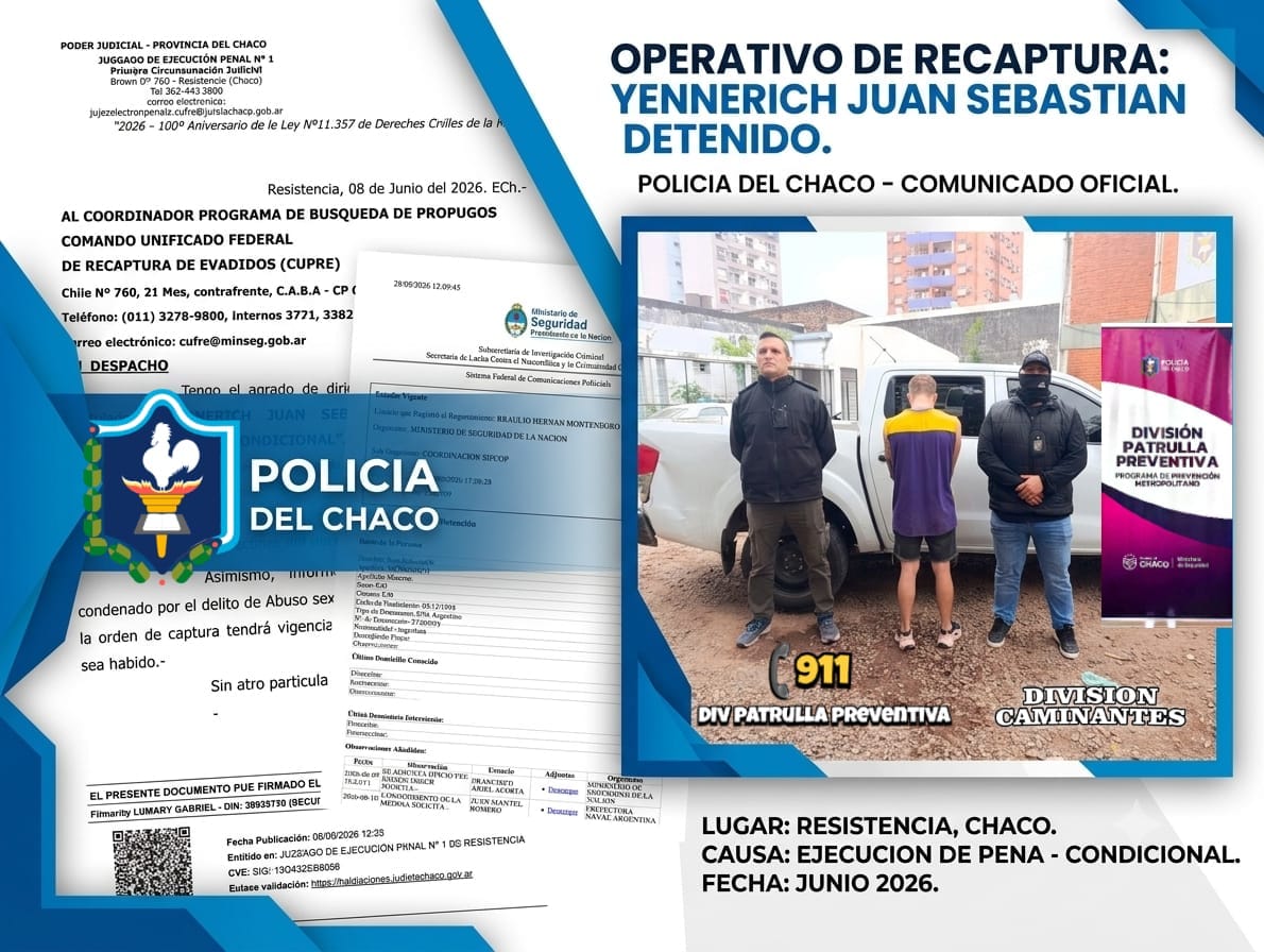 Detenido por orden de la Justicia por rebeldía y abuso sexual simple 